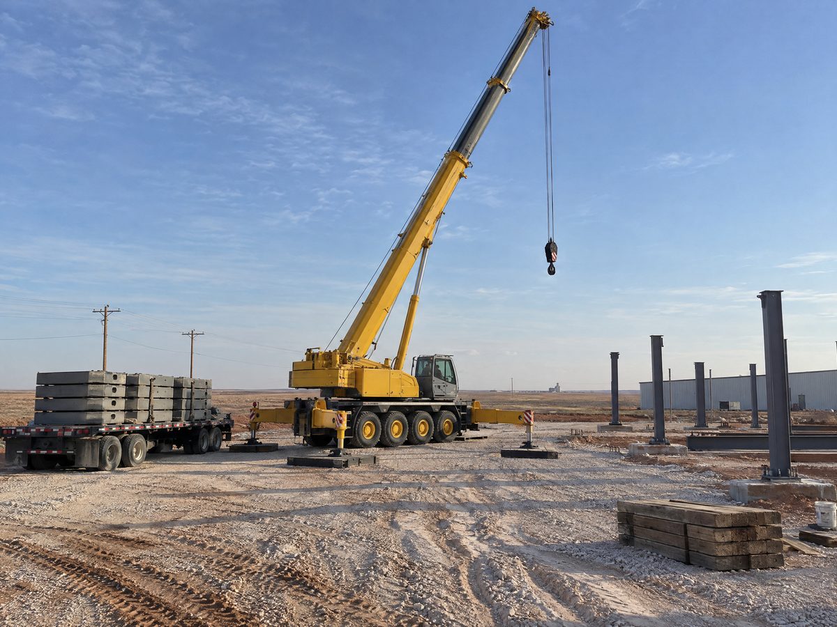 A yellow all-terrain crane with its long telescopic boom raised stands on outrigger mats beside a trailer of counterweight slabs and new steel columns.