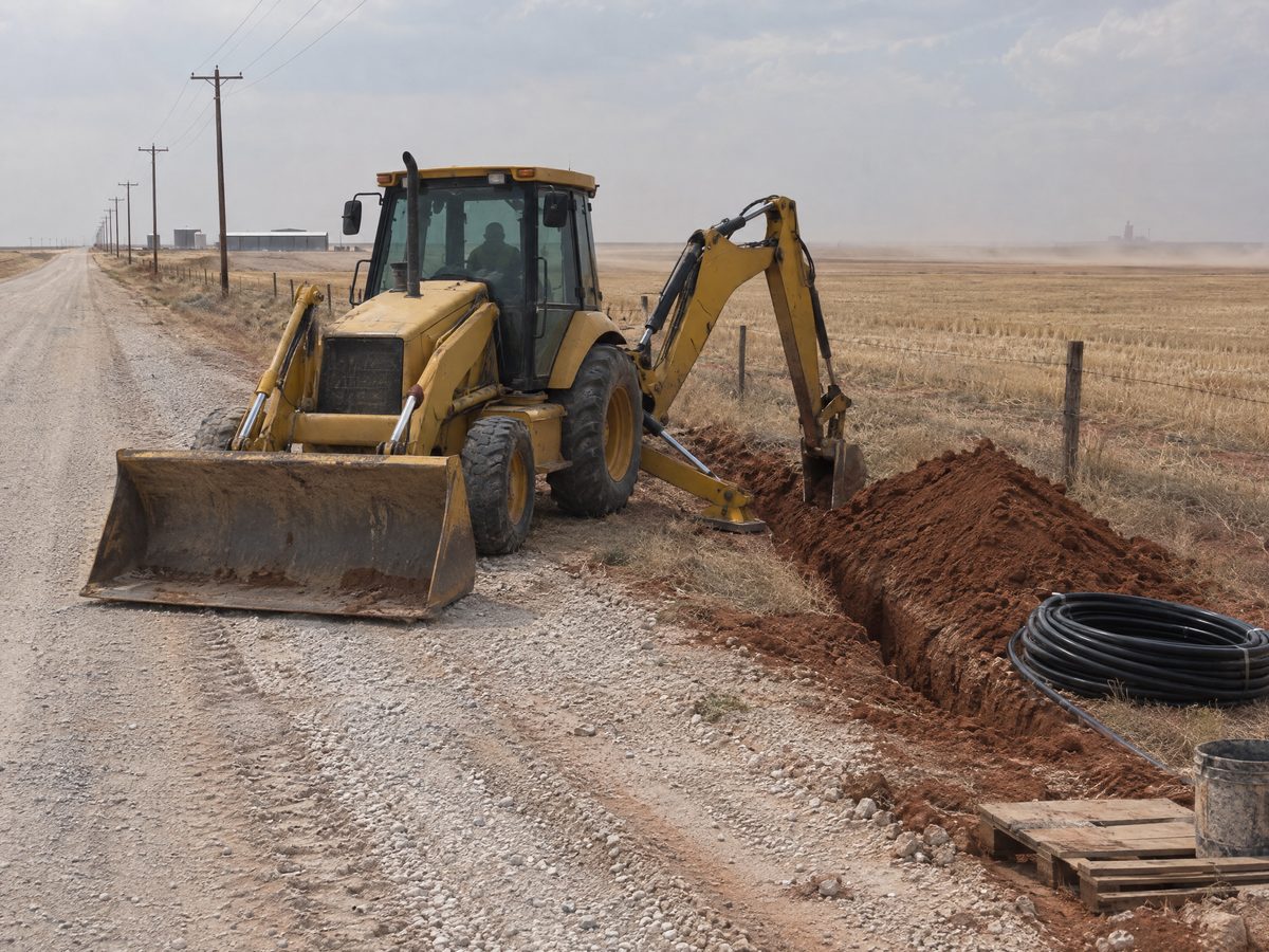 A yellow backhoe loader digs a utility trench in red soil beside a gravel country road and a barbed-wire fence.