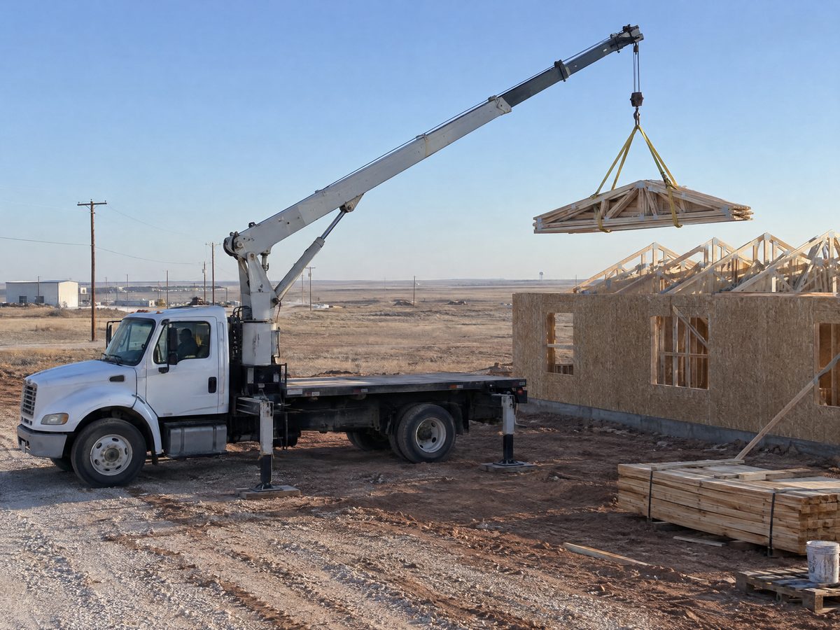 A white boom truck with its stabilizers down lowers a bundle of wooden roof trusses toward the top of a new wood-frame house.