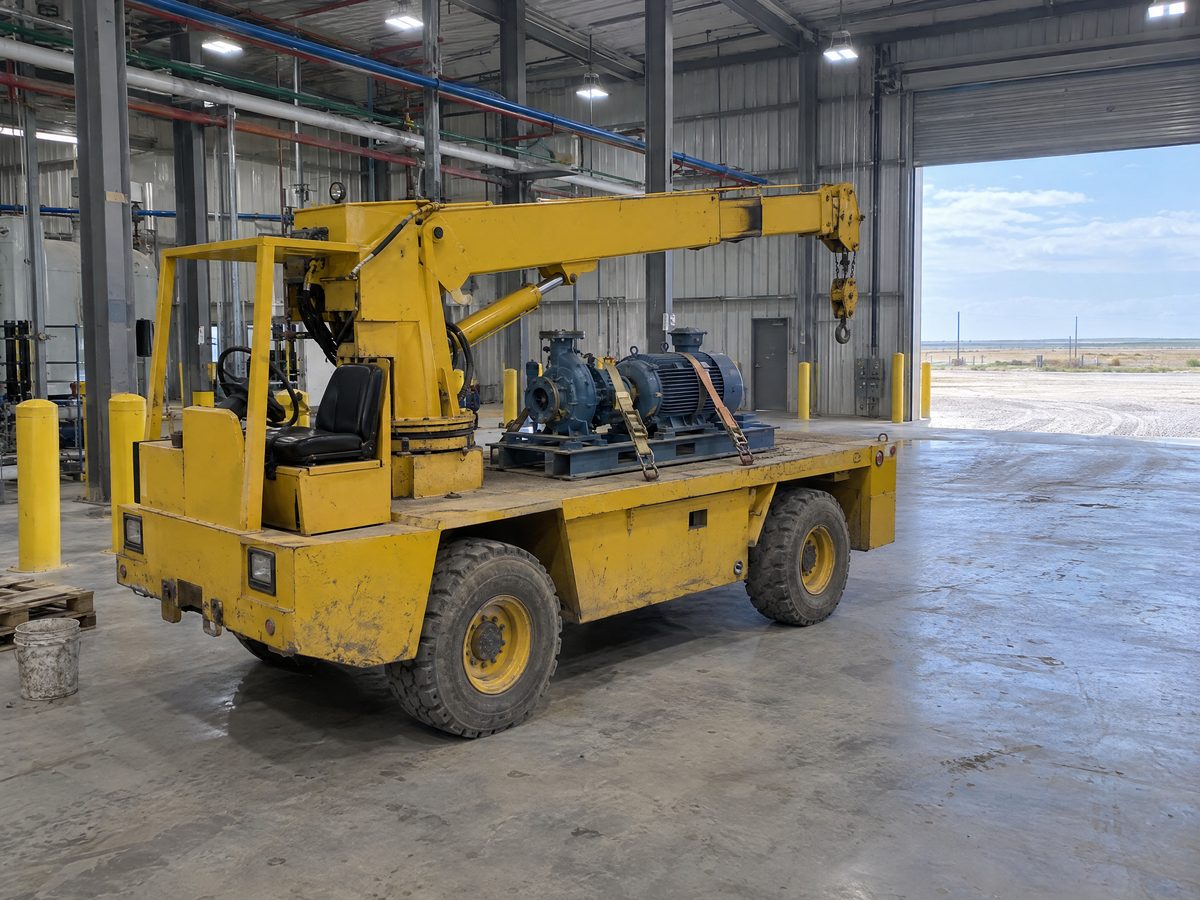 A yellow carry deck crane parked inside a metal plant building with a blue pump and motor skid strapped to its flat deck.