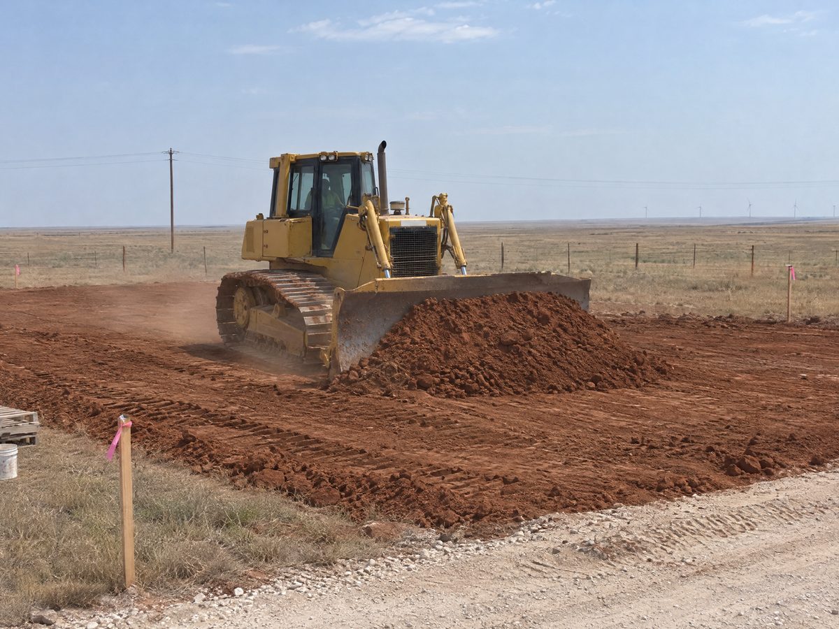 A yellow crawler dozer pushes a pile of red soil across a building pad marked with survey stakes on flat ranch land.