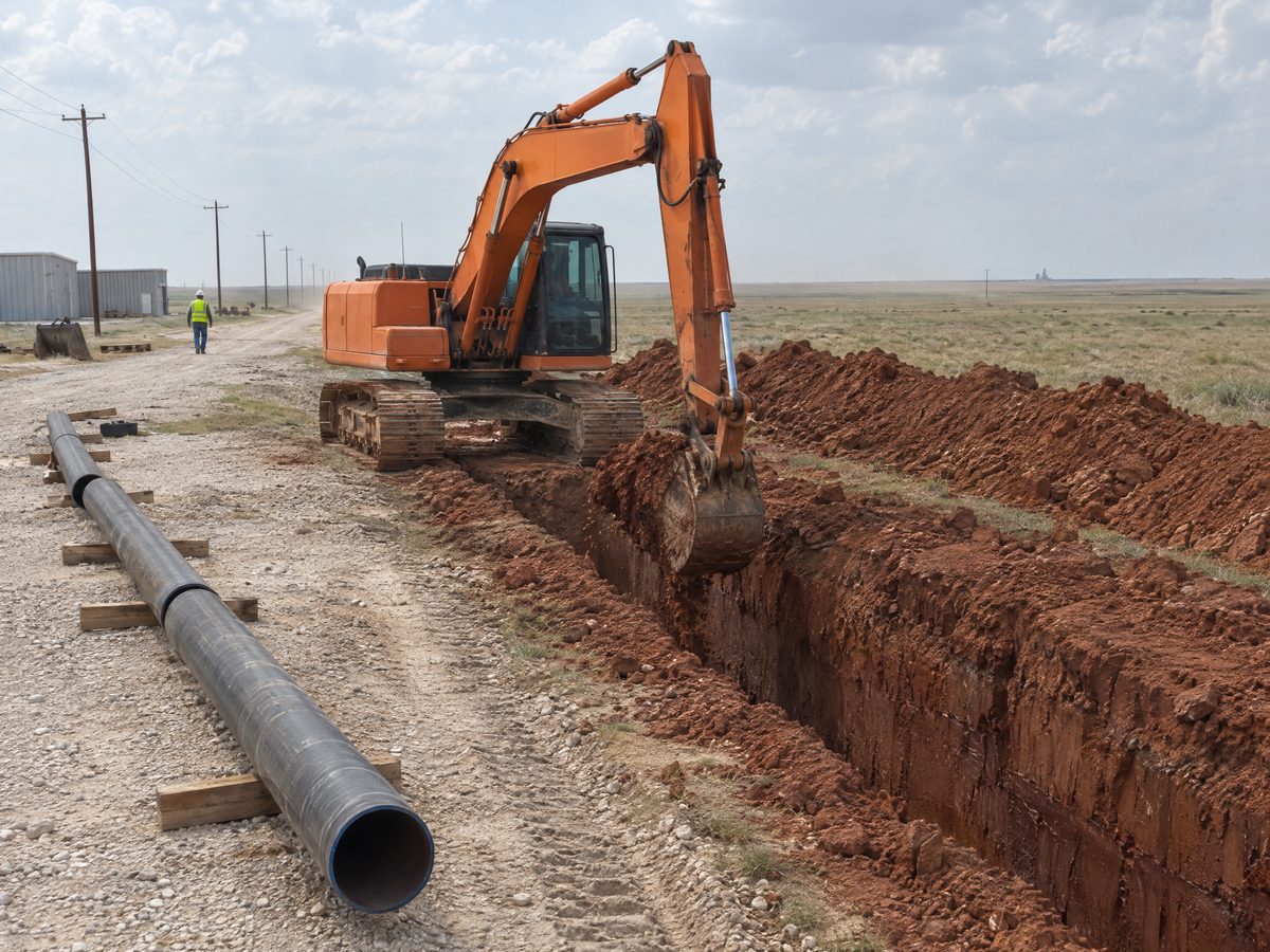 An orange tracked excavator digs a deep trench in red clay beside lengths of black pipe laid out on wooden blocks.