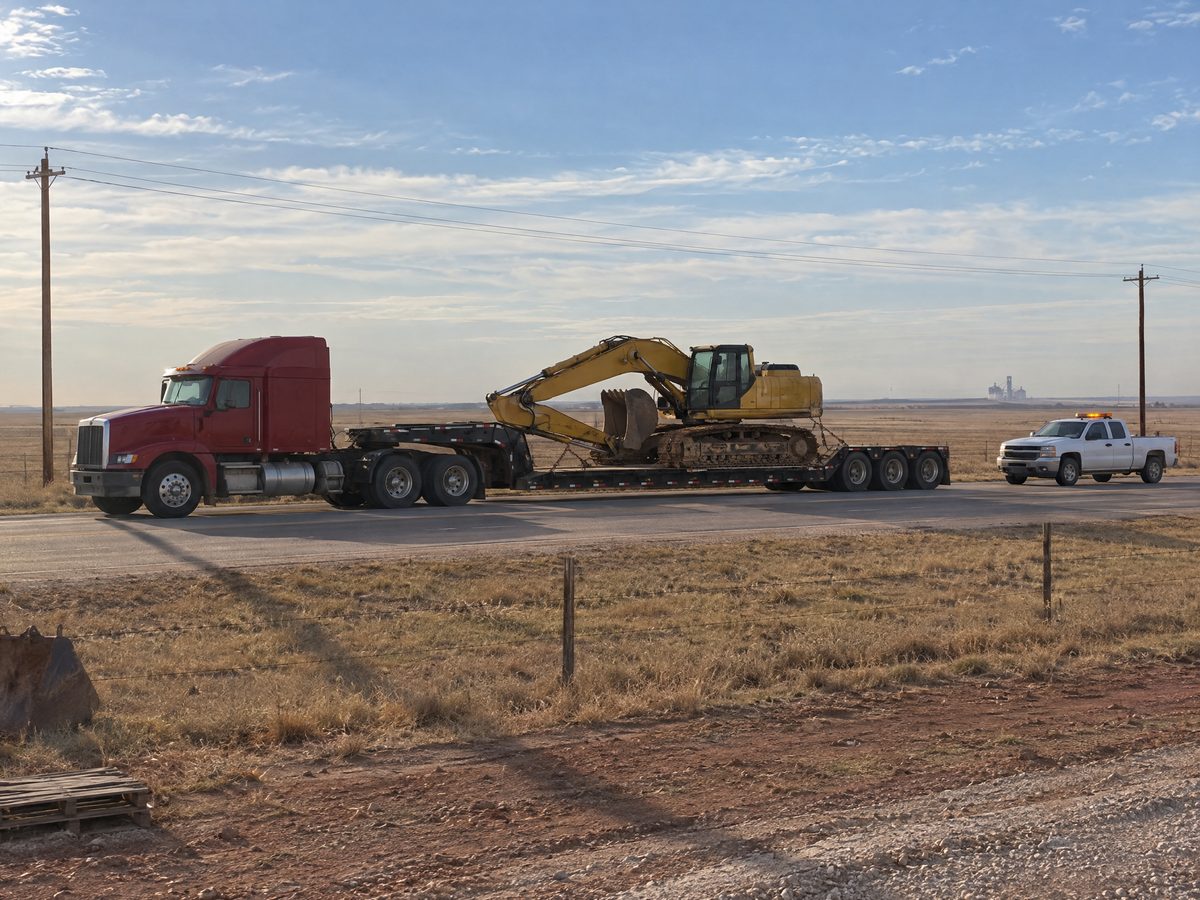 A semi tractor pulls a lowboy trailer carrying a yellow excavator along a two-lane highway, followed by a white pickup with an amber light bar.