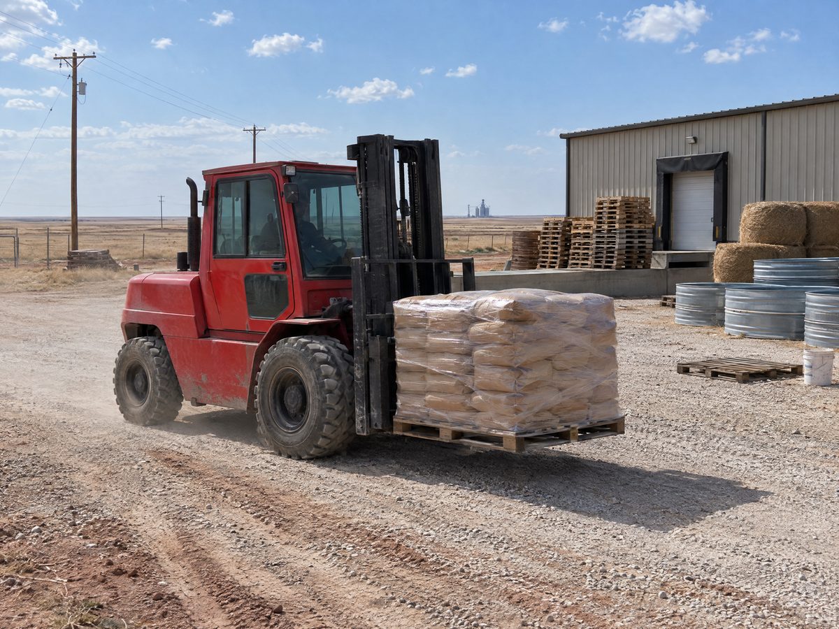 A red pneumatic-tire forklift with an enclosed cab carries a shrink-wrapped pallet of feed sacks across the gravel yard of a farm-supply warehouse.