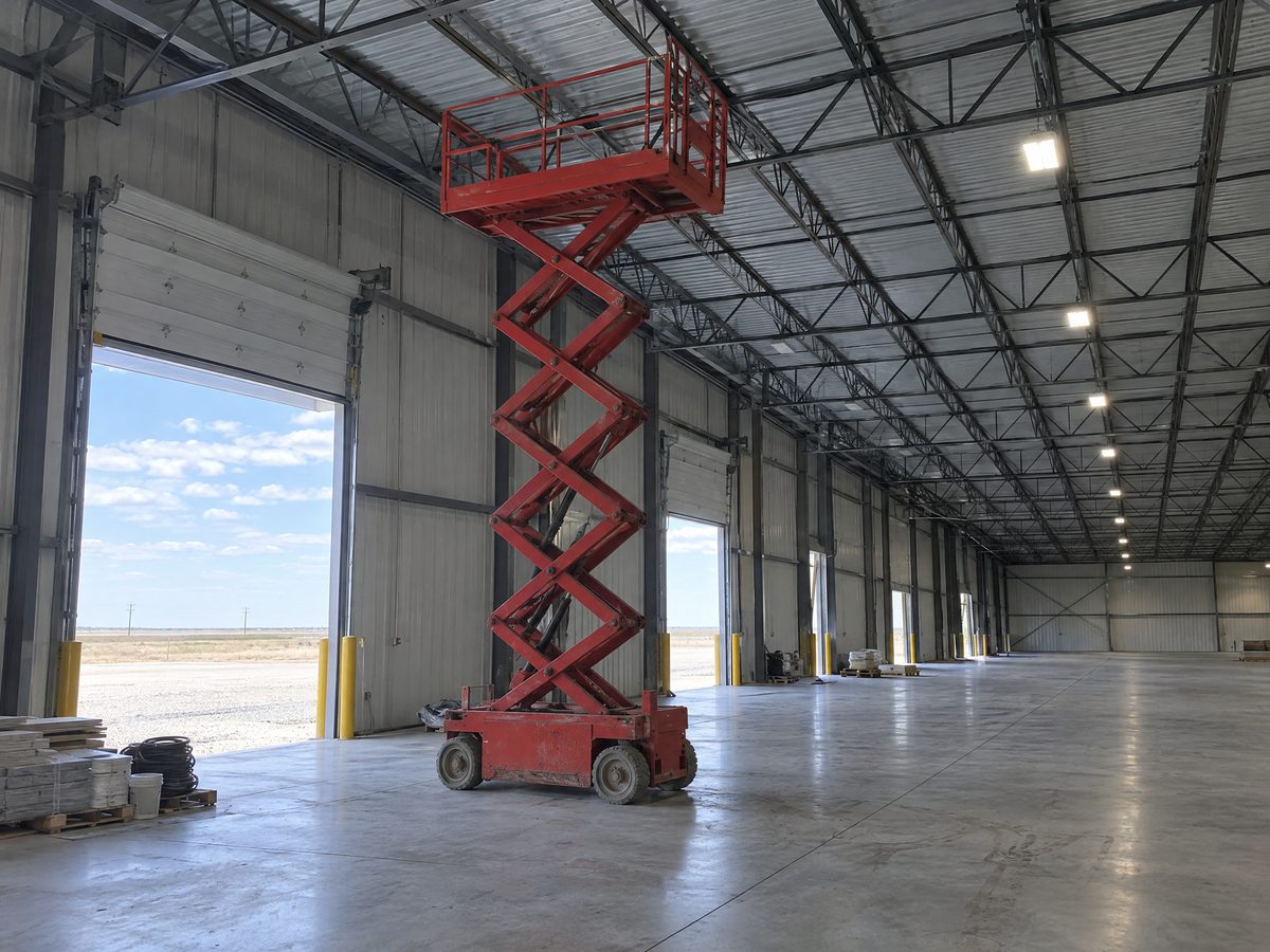 A red slab scissor lift raised high inside a new, empty warehouse, its platform just below the steel roof joists.