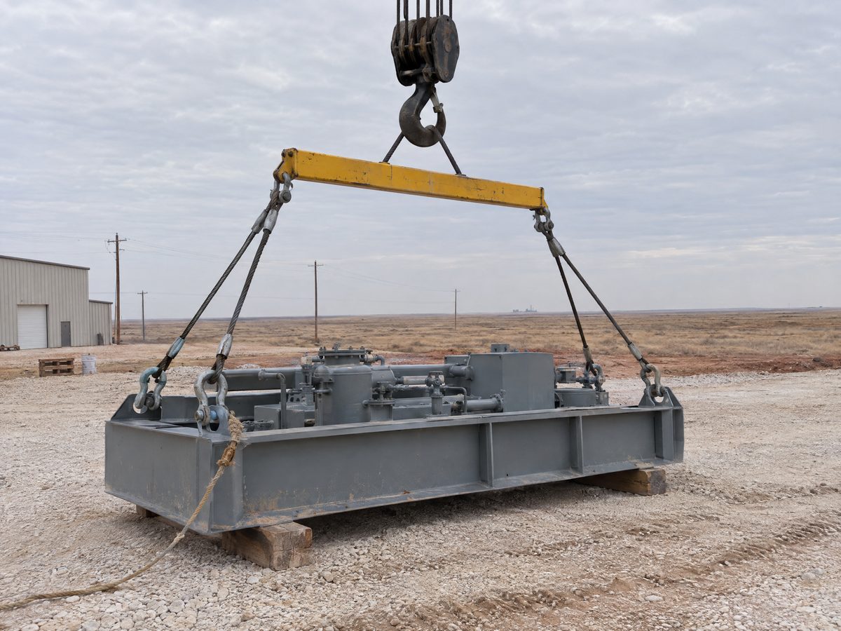 A yellow spreader bar hangs from a crane hook block, with wire rope slings and heavy shackles rigged to a gray steel equipment skid.