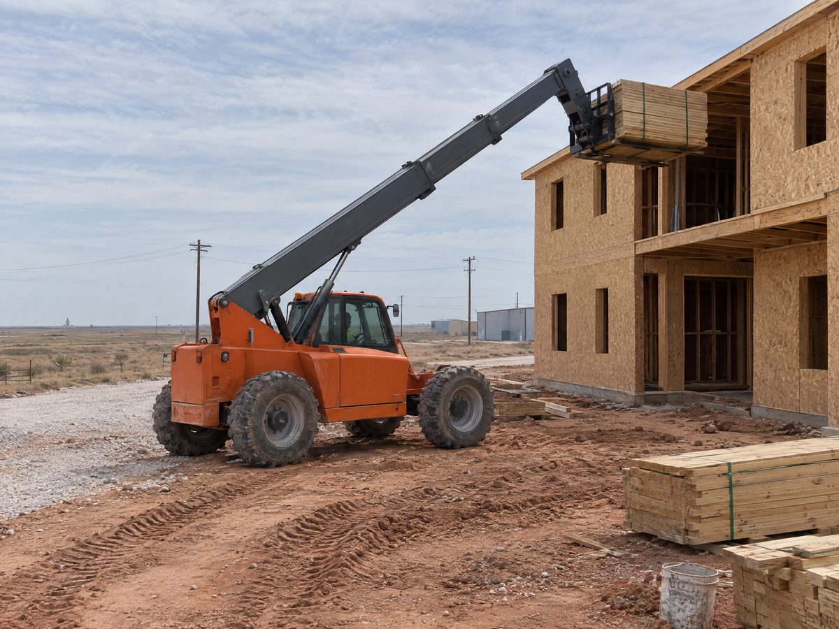 An orange telehandler extends its boom to lift a pallet of banded lumber onto the second floor of a wood-frame building under construction.
