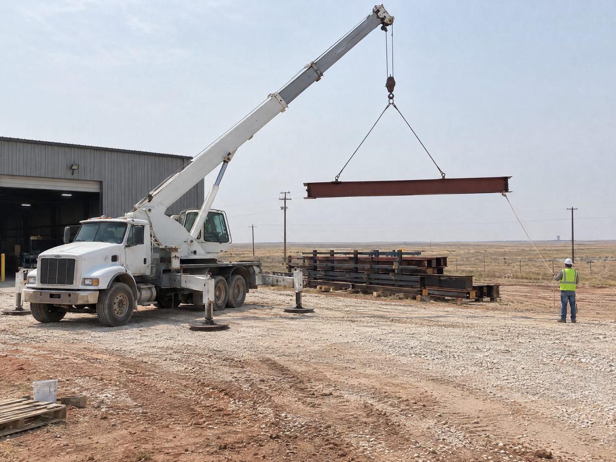 A white truck-mounted crane on outrigger pads lifts a primer-red steel I-beam outside a metal shop building as a worker holds the tag line.